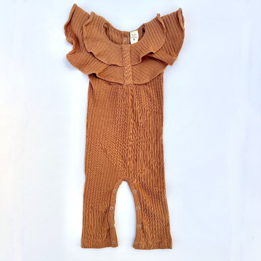 Kate Quinn Romper | 6–12M NWT | Soft Cotton | Ribbed Ruffle | Terracotta